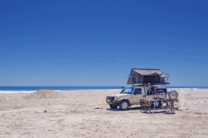 Bushlore Africa self-drive safari vehicle on a beach with rooftop tent, featuring a client testimonial about exceptional service from the Kasane team.